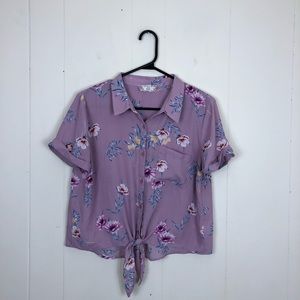 Pink Rose Front Tie Crop Button Down Sz L